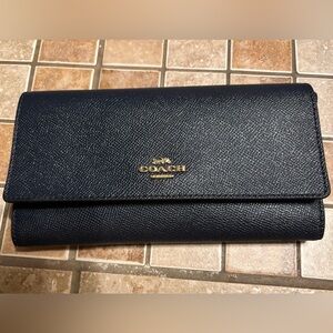 Coach Navy Blue Leather Long Trifold Wallet Pebbled with Gold Detail